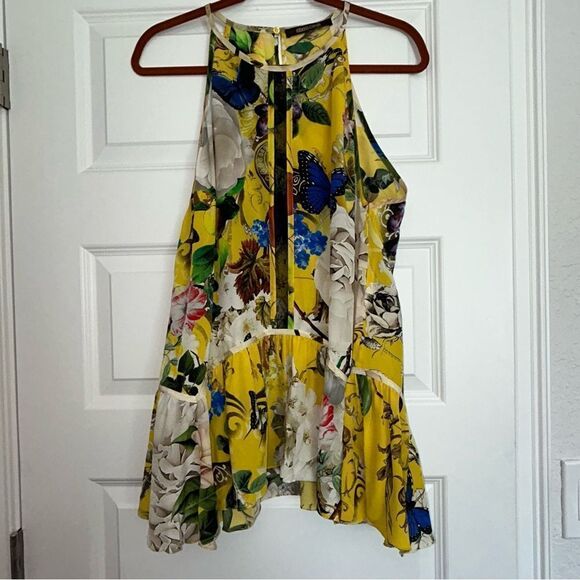 Roberto Cavalli Yellow Printed Silk Lace Detail Halter Floral Mix Print Top - Picture 4 of 15